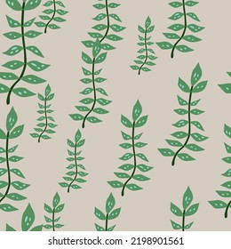 Hand drawn branches with leaves seamless pattern. Simple organic background. Decorative forest leaf endless wallpaper. Design for fabric, textile print, wrapping, cover. Vector illustration.