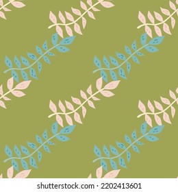 Ramas dibujadas a mano con hojas sin costura. Fondo orgánico simple. Papel de paredes interminables con hojas de bosque decorativas. Diseño para tela, impresión textil, envoltura, cubierta. Ilustración vectorial.