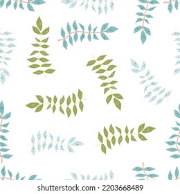 Hand Drawn Branches With Leaves Seamless Pattern. Simple Organic Background. Decorative Forest Leaf Endless Wallpaper. Design For Fabric, Textile Print, Wrapping, Cover. Vector Illustration.