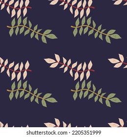 Hand Drawn Branches With Leaves Seamless Pattern. Simple Organic Background. Decorative Forest Leaf Endless Wallpaper. Design For Fabric, Textile Print, Wrapping, Cover. Vector Illustration.