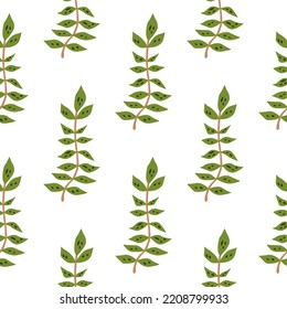 Hand Drawn Branches With Leaves Seamless Pattern. Simple Organic Background. Decorative Forest Leaf Endless Wallpaper. Design For Fabric, Textile Print, Wrapping, Cover. Vector Illustration.