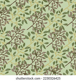 Hand drawn branches with leaves seamless pattern. Botanical sketch background. Decorative forest twig endless wallpaper. Design for fabric, textile print, wrapping, cover. Vector illustration