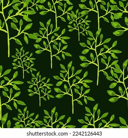 Handgezeichnete Zweige mit Blättern nahtlos Muster. Botanischer Skizzenhintergrund. Dekorativer Waldzweig endlose Tapete. Design für Stoff, Stoffdruck, Umhüllung, Abdeckung. Vektorgrafik