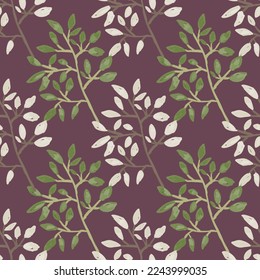 Hand drawn branches with leaves seamless pattern. Botanical sketch background. Decorative forest twig endless wallpaper. Design for fabric, textile print, wrapping, cover. Vector illustration