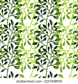 Hand drawn branches with leaves seamless pattern. Botanical sketch background. Decorative forest twig endless wallpaper. Design for fabric, textile print, wrapping, cover. Vector illustration