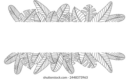 Hand drawn branches and leaves of tropical plants. Black and white seamless line horizontal texture. Monochrome doodle floral pattern. Vector sketch.