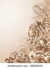 Hand drawn branches and leaves of tropical plants. Natural background. 