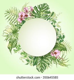 Hand drawn branches and leaves of tropical plants. Round floral  frame with space for text.