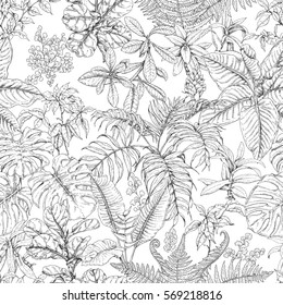 Hand Drawn Branches And Leaves Of Tropical Plants. Monochrome Sketch Floral Pattern. Black And White Seamless Texture.