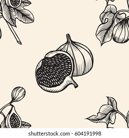 Hand drawn branches and leaves of tropical plants. Monochrome Ficus Lyre sketch pattern. Black and white seamless texture.