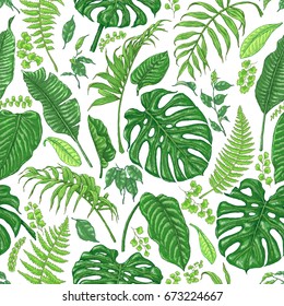 Hand drawn branches and leaves of tropical plants. Foliage seamless pattern made with  monstera, fern, palm fronds sketch. 