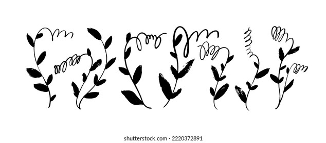 Hand drawn branches and pea sprouts isolated on white background. Brush drawn monochrome plant elements in sketch style. Legume and vegetable drawing. Vector simple pea sprouts with swirls and leaves.