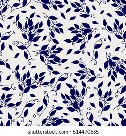Hand drawn branches seamless pattern. Ball pen drawing branch of leaves and flourish. Sketch foliage branch background. Nature texture for wrapping paper, prints, wallpaper, web