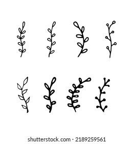 Hand drawn branches set doodle vector illustration. Herbs and wild floral isolated on white background