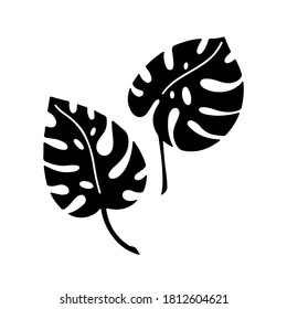 Hand drawn branches set of tropical plants leaves monstera isolated on white background. Silhouette vector illustration. Design for pattern, logo, template, banner, posters, invitation, greeting card 