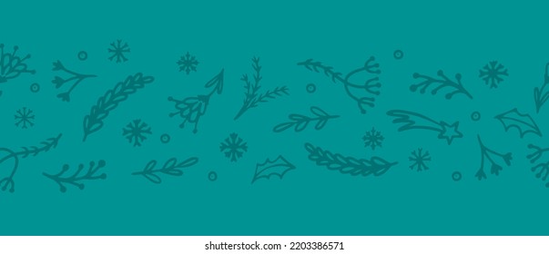 Ramas dibujadas a mano y copos de nieve, borde sin fisuras vectoriales. Patrón de invierno navideño, pancarta horizontal simple con doodle elementos naturales