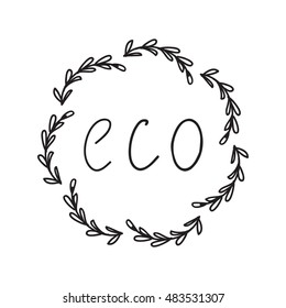 hand drawn branches trees with leaves and hands written inscription eco. Element of design of the websites of the ecological and nature protection organizations. Banner, leaflet, logo, emblem.