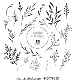 Hand drawn branches and twigs collection. Set of vector decorative elements for design. Rustic, vintage, ink.