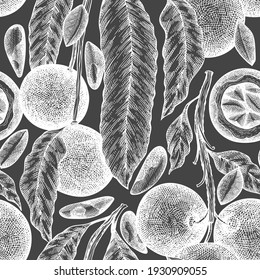 Hand drawn brazilian nut branch and kernels seamless pattern. Organic food vector illustration on chalk board. Retro nut illustration. Vintage style botanical background.