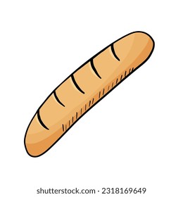 Dibujaron a mano un doodle de baguette de pan. Alimentos ecológicos orgánicos. Ilustración de dibujos animados planos vectoriales aislados en blanco