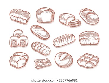 Hand drawn bread and bakery collection vector illustration line art. Hand drawn bread and bakery set