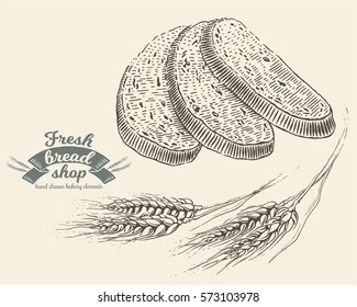 Hand drawn bread bakery in engraving style. Vector Illustration. Dark elements isolated on light background.