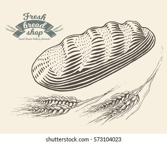 Hand drawn bread bakery in engraving style. Vector Illustration. Dark elements isolated on light background.