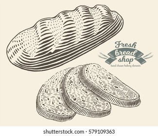 Hand drawn bread bakery in engraving style. Vector Illustration. Dark elements isolated on light background.
