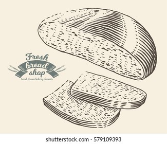 Hand drawn bread bakery in engraving style. Vector Illustration. Dark elements isolated on light background.