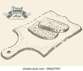 Hand drawn bread bakery in engraving style. Vector Illustration of cut bread on board. Black elements isolated on white background.