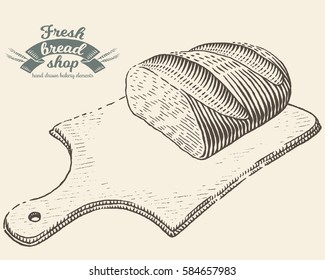 Hand drawn bread bakery in engraving style. Vector Illustration of fresh cut bread on board. Black elements isolated on white background.