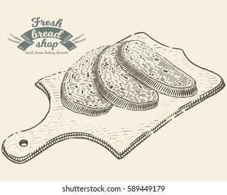 Hand drawn bread bakery in engraving style. Vector Illustration of cut bread on board. Black elements isolated on white background.