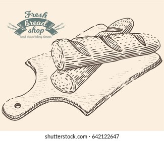 Hand drawn bread bakery in engraving style. Vector vintage illustration of cut  baguette on wooden board. Black elements isolated on white background.