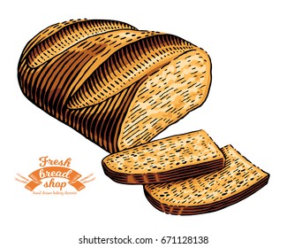 Hand drawn bread bakery in engraving style. Cut slices. Bread bakery fresh food collection. Vector illustration. Colored elements isolated on white background.