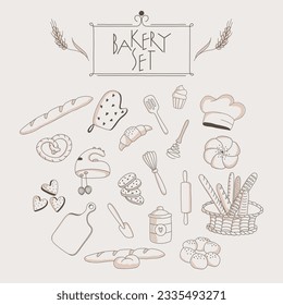 Hand drawn bread, bakery and kitchenware elements vector doodle set on beige background