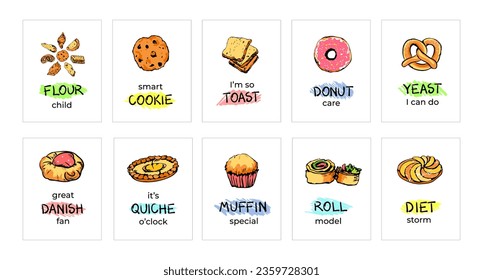 Hand drawn bread and bakery with puns, jokes. Set of doodles and funny lettering slogans for prints