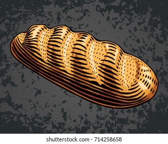 Hand drawn bread bun in engraving style. Bread bakery fresh food collection. Vector illustration. Colored elements isolated on grunge black background.