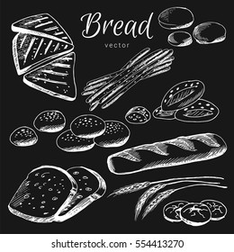 Hand drawn bread. Buns, toast, breadsticks, corn, wheat, biscuits, bread