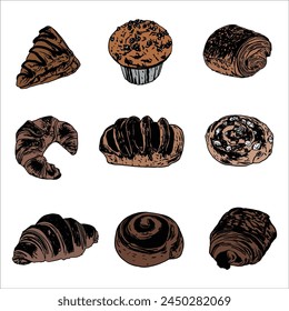 hand drawn bread and cake illustration