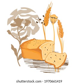 Hand drawn bread and cereal  plants with decorative elements. Bakery emblem and bread  packaging print, flat vector illustration isolated on white background. Colorful emblem or logo for bakehouse.