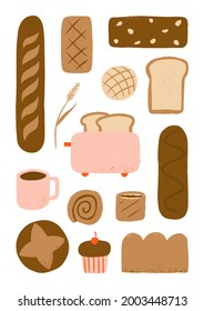 Hand drawn bread and coffee for bakery food elements collection