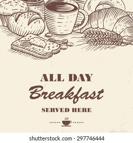 Hand drawn of bread and coffee with text  all day breakfast served here, vector