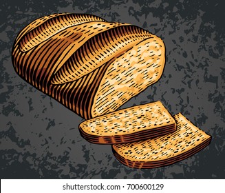 Hand drawn bread cut slices in engraving style. Bread bakery fresh food collection. Vector illustration. Colored elements isolated on grunge black background.