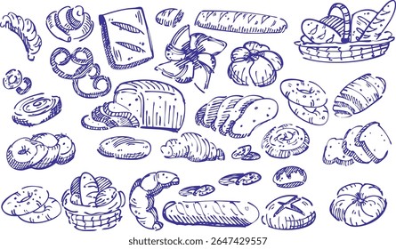 Hand drawn bread doodle set with croissants, baguettes, buns, and slices. Vintage bakery sketch in crayon cartoon style. Perfect for menu design, food poster, and breakfast illustration.