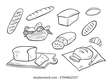 Rabiscos de pão desenhados à mão com esboços de padaria. Ilustrações de comida vetorial com baguetes, croissants e doces no estilo clássico de arte de linha para marca de café.