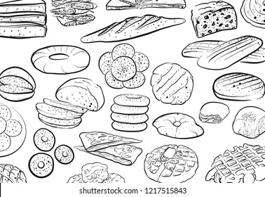 Hand drawn bread doodles pattern. Vector food illustration.