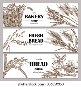 Hand drawn bread horizontal banners. Banner set. Vector illustration in sketch style.