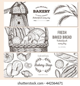 Hand drawn bread horizontal banners. Banner set. Vector illustration in sketch style. Bakery shop banner set. Bakery design template.