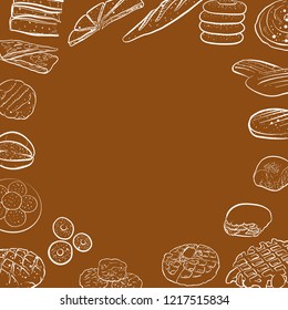 Hand drawn bread icons, menu background. Vector food illustration.