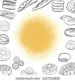 Hand drawn bread icons on vintage background. Vector food illustration.